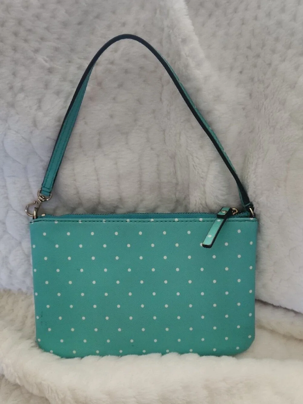 kate spade teal polka dot clutch/wristlet with strap